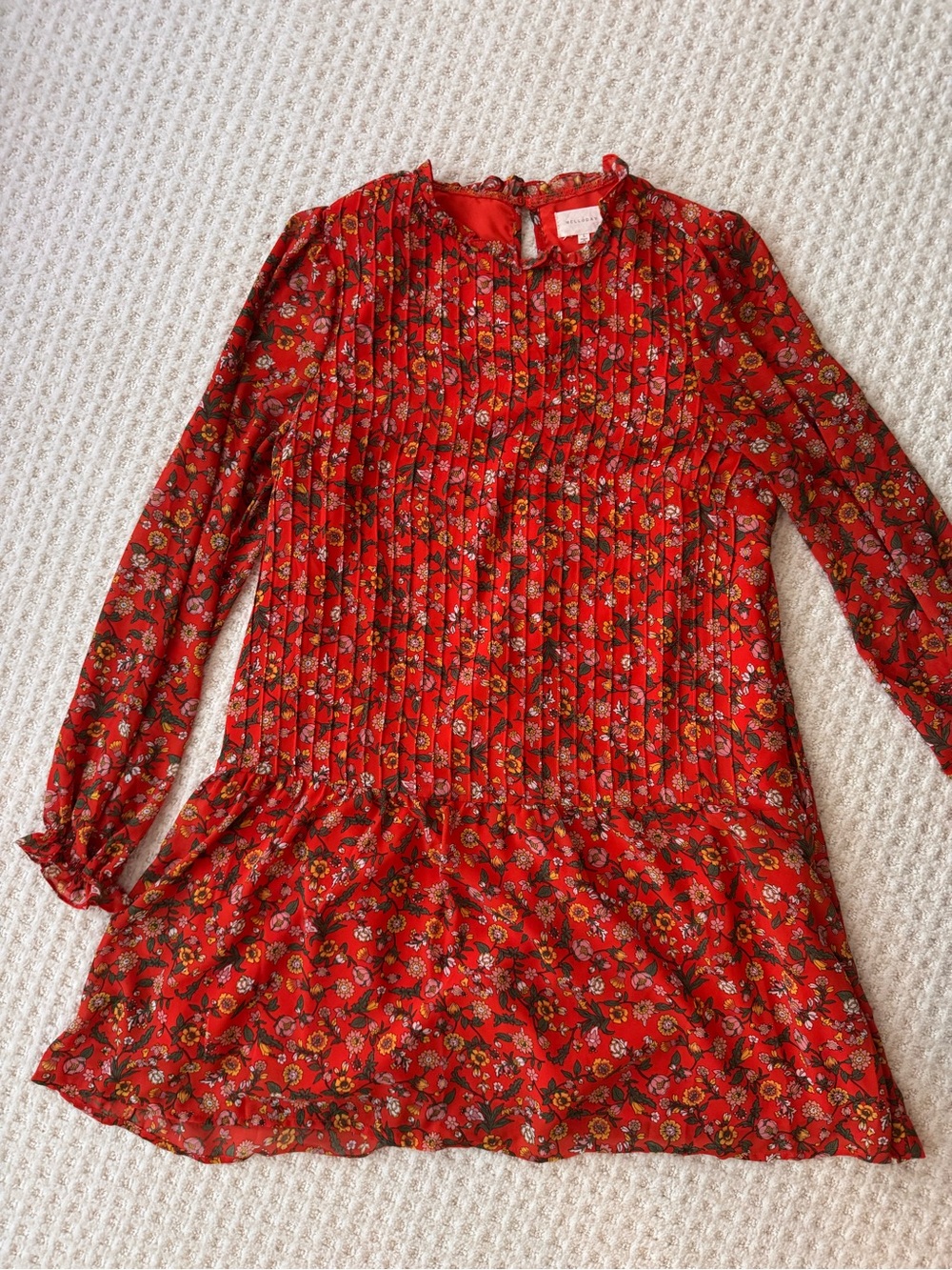 MELLODAY Orange Floral Pleated Long-Sleeve Mini Dress